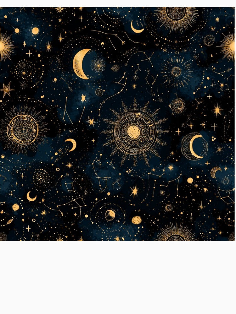Mystical Astrology Pattern – Golden Suns, Moons and Constellations by LoomisDreams