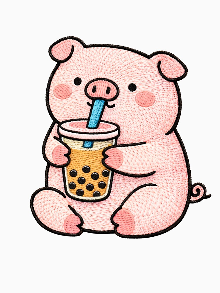 Cute Kawaii Pig Drinking Bubble Tea – Chubby Embroidered Pig Boba Lover Cafe Aesthetic Design by ColorSplash123