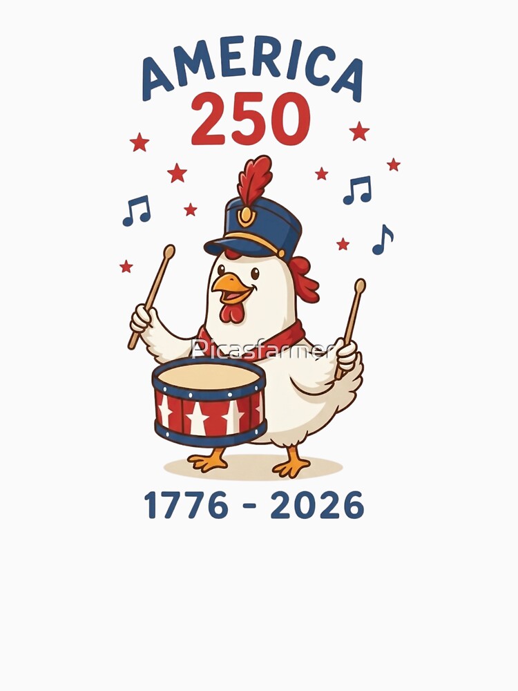 America 250 Drummer Chicken Art - Funny Patriotic USA 1776-2026 Semiquincentennial Celebration Design by Picasfarmer