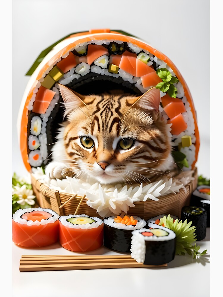 Mischievous cat sleeps in giant sushi roll among chopsticks by Akira Kim