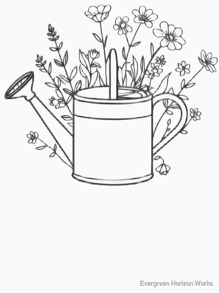Minimalist Watering Can Wildflower Garden Line Art Design by Evergreen Horizon Works