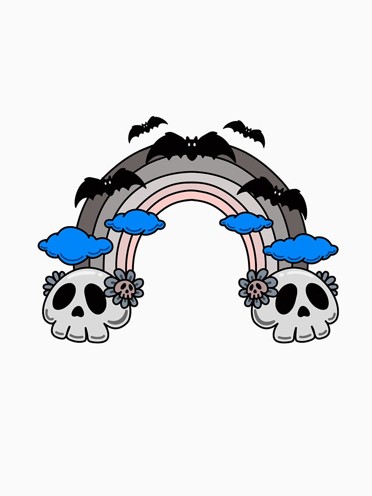 Cute Spooky Skull Rainbow with Bats – Pastel Goth Art by Horrify