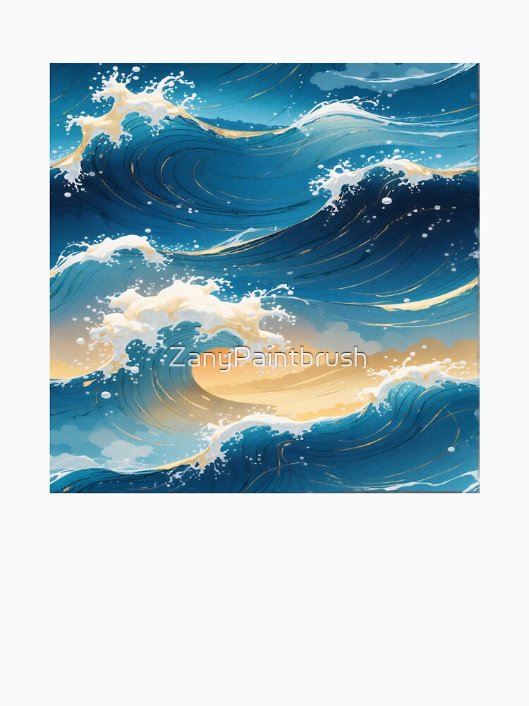 Ocean Wave Abstract – Coastal Blue & Gold by ZanyPaintbrush