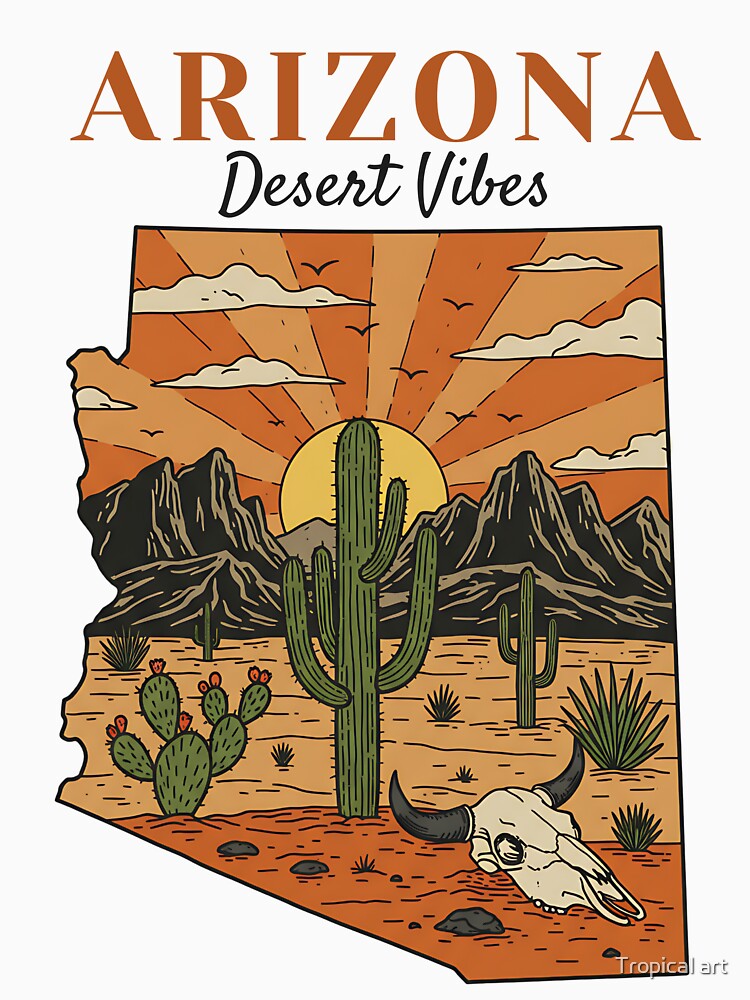 Arizona Desert Vibes Vintage Western Illustration – Cactus Sunset Landscape Retro Travel Design by Tropical art