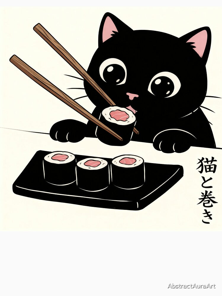 Cute Black Cat Eating Sushi - Kawaii Japanese Food Illustration by AbstractAuraArt