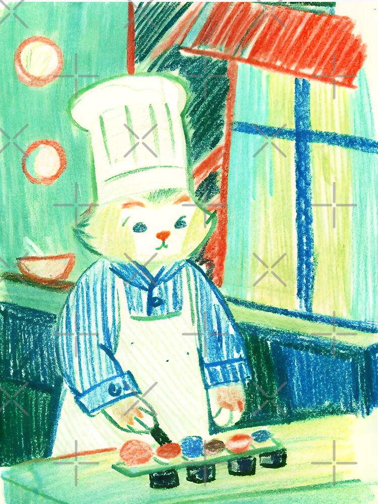 Meet Sushi Master Meow – Retro Crayon Cat Chef Illustration by helga-wigandt