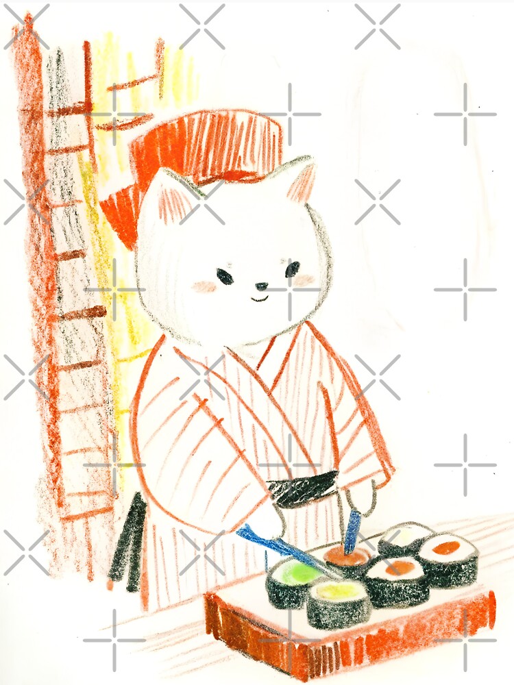 Meet Chef Meowtoro, the fearless feline sushi master! Dressed in traditional chef garb with a bold red sash and confidently wielding his knife by helga-wigandt