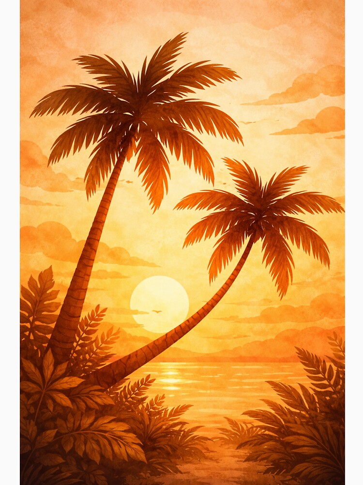 Tropical Palm Trees Sunset – Vintage Orange Beach Illustration by DrizzyV