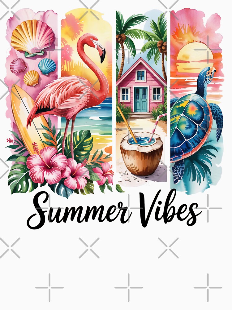 Summer Vibes Tropical Flamingo Sea Turtle Sunset Watercolor by SpookshowDesign