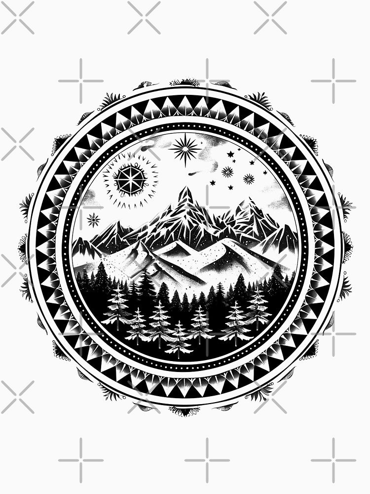 Mountain Mandala Landscape – Celestial Forest Adventure Black and White Art by inkoutninja