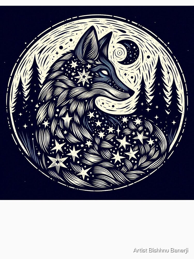 Cosmic Fox Linocut Midnight Art- Design 2. by Artist Bishhnu Banerji