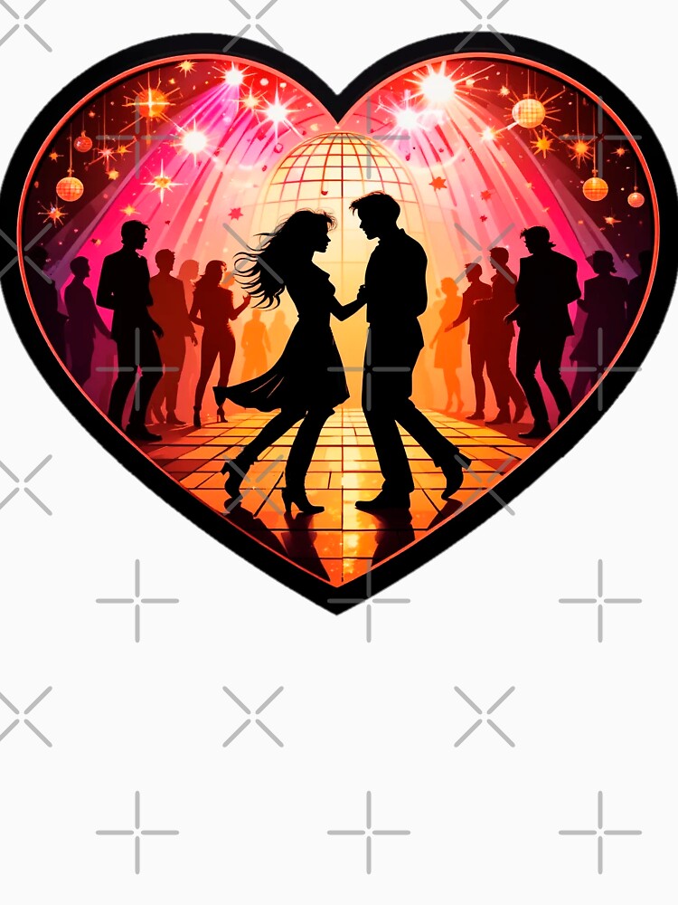 Retro Love - Dancing Couple on Checkered Floor with Disco Ball and Vibrant Heart-Shaped Frame by KreaDesignOne