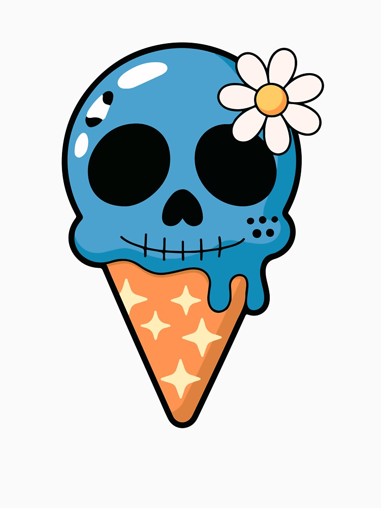 Cute Melting Skull Ice Cream with Daisy – Kawaii Spooky Art by Horrify
