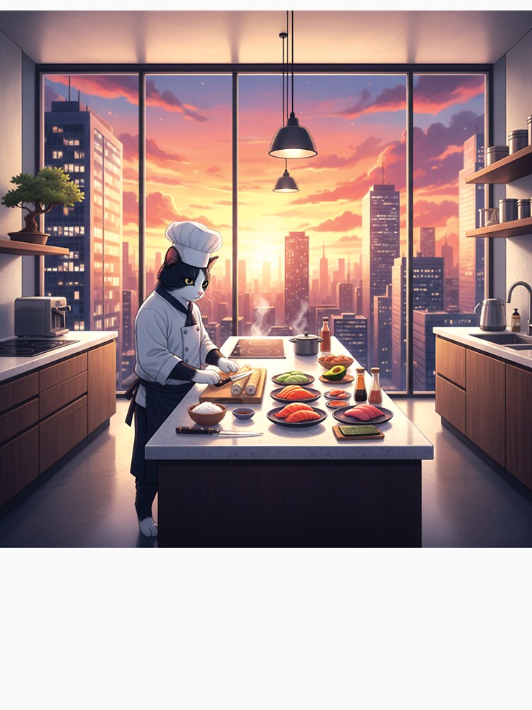 Sushi Chef Cat at Sunset with Sunset Skyscraper View by Koimak
