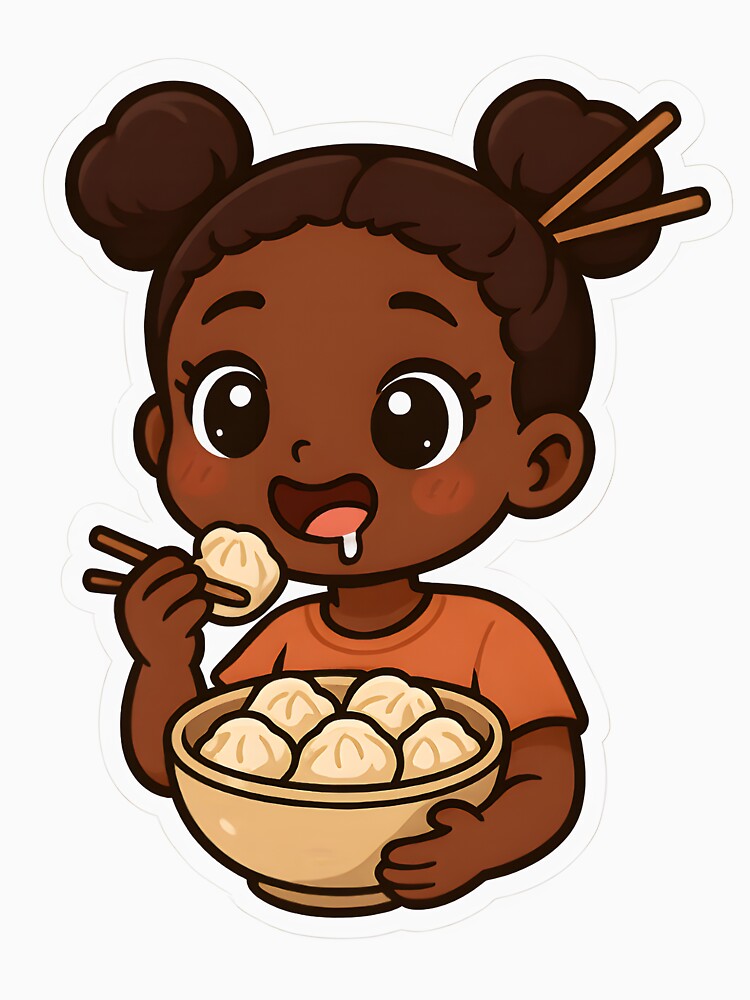 Kawaii Chibi Black Girl Eating Dumplings – Cute Anime Food Illustration by OsasChild