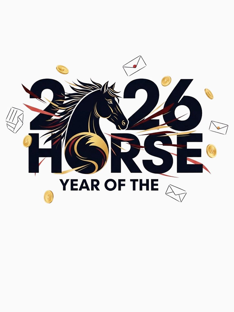 Modern 2026 Year of the Horse Logo – Lucky Coins & Typography Chinese New Year Design by JaaCreativeShop
