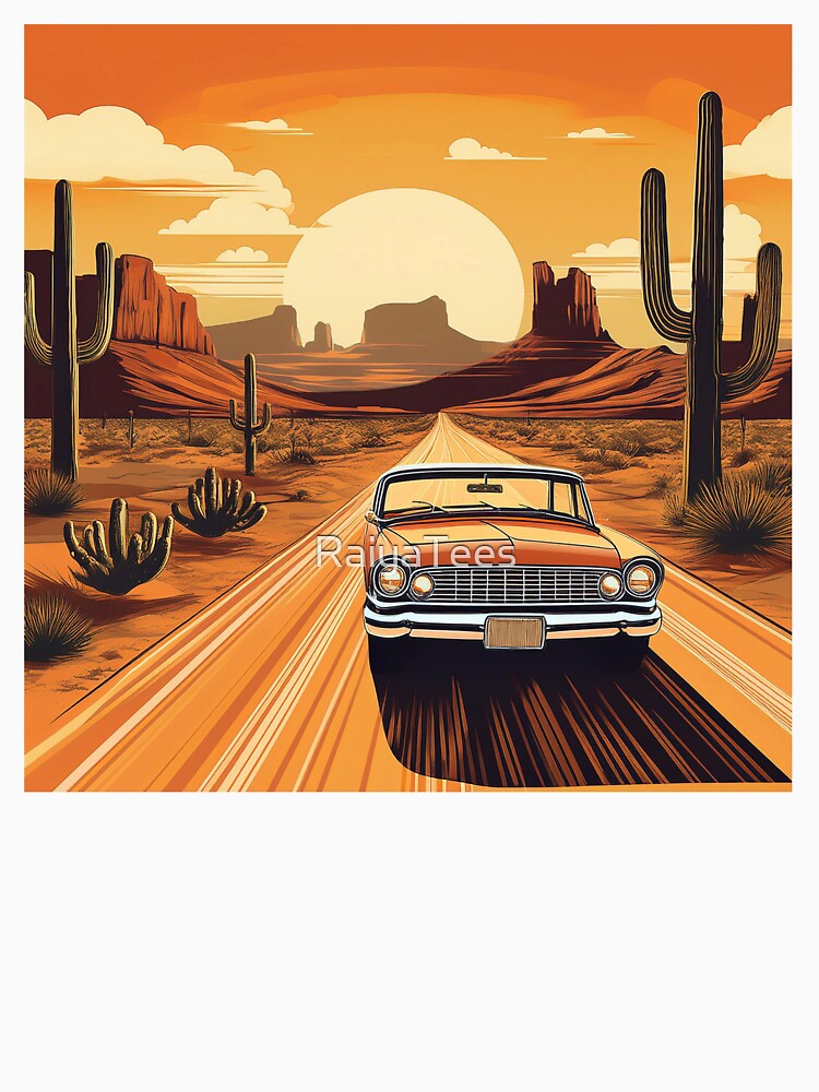 Classic Car Desert Sunset – Retro Road Trip Art by RaiyaTees