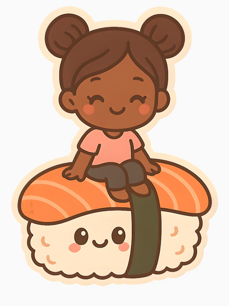 Chibi Kawaii Black Girl with Space Buns Sitting on Salmon Sushi by OsasChild