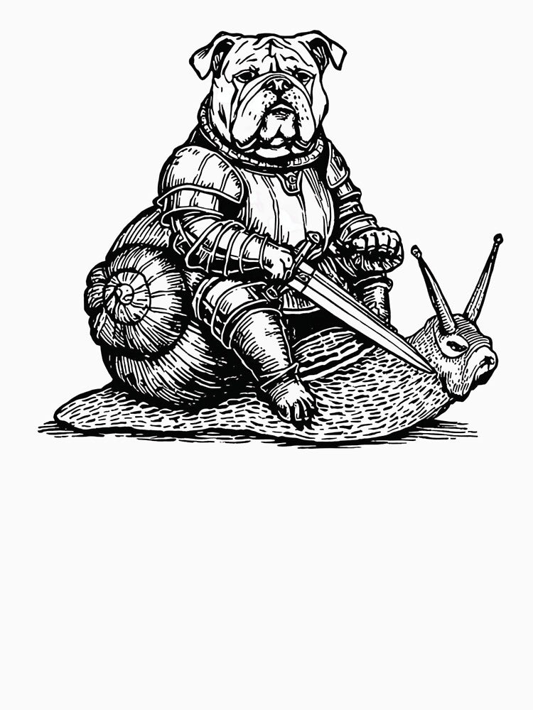 Bulldog Knight Riding Snail Shirt | Funny Medieval Animal Tee | Vintage Fantasy Illustration by Printsouf