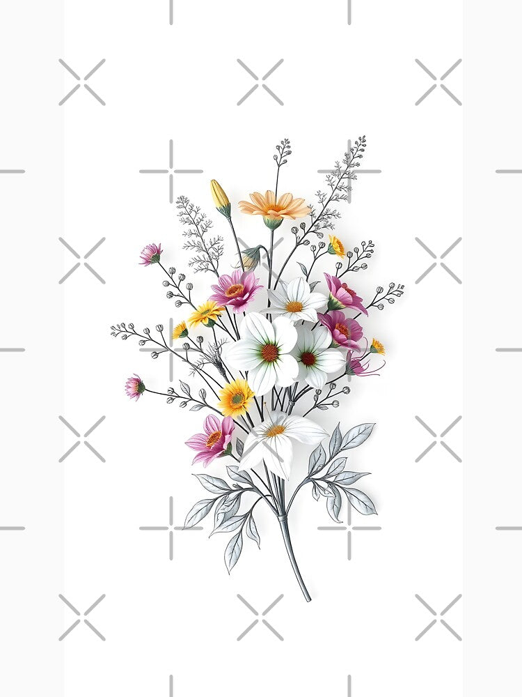 Refined Elegant Single-Line Art Bouquet of Wildflowers with Delicate Color Washes on White Background by Jayara [Born To Reign]