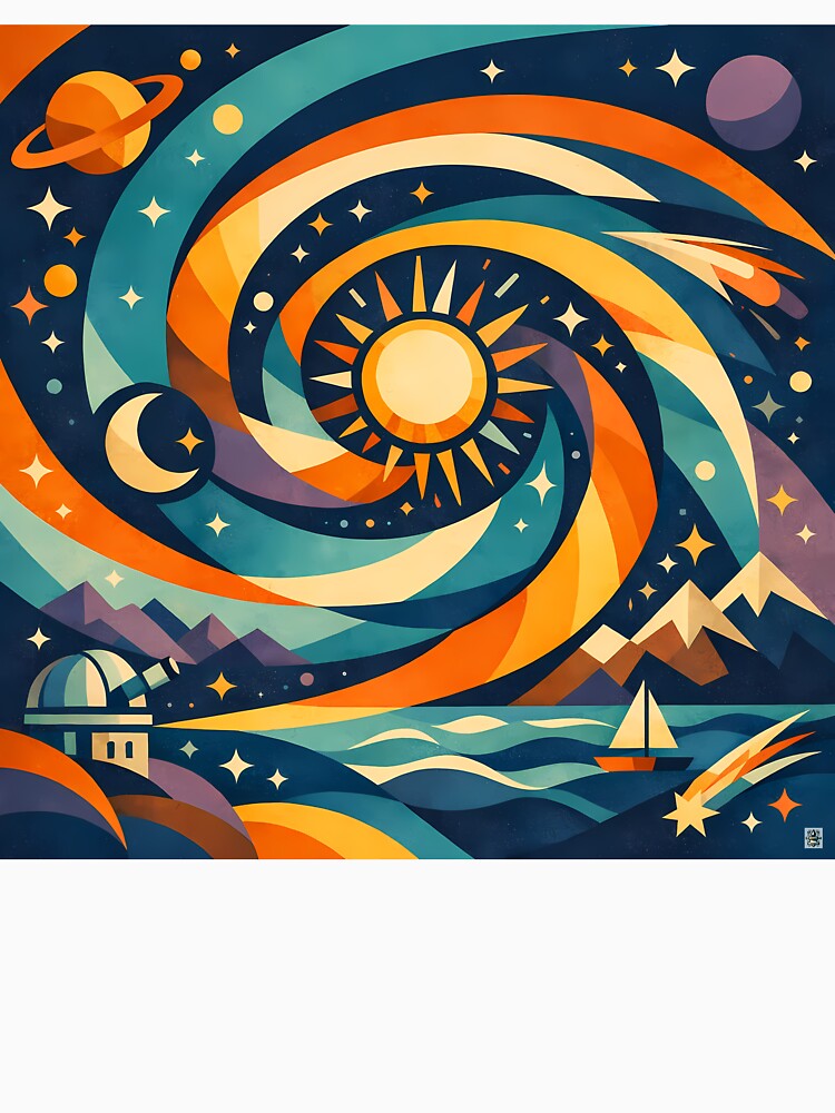 Swirling Celestial Landscape with Sun and Moon by InkSmithery
