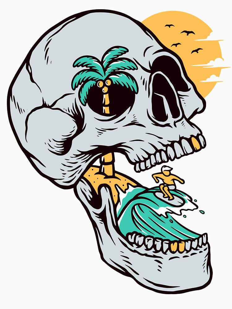 surfing illustration, tropical beach design, skull island by avibar