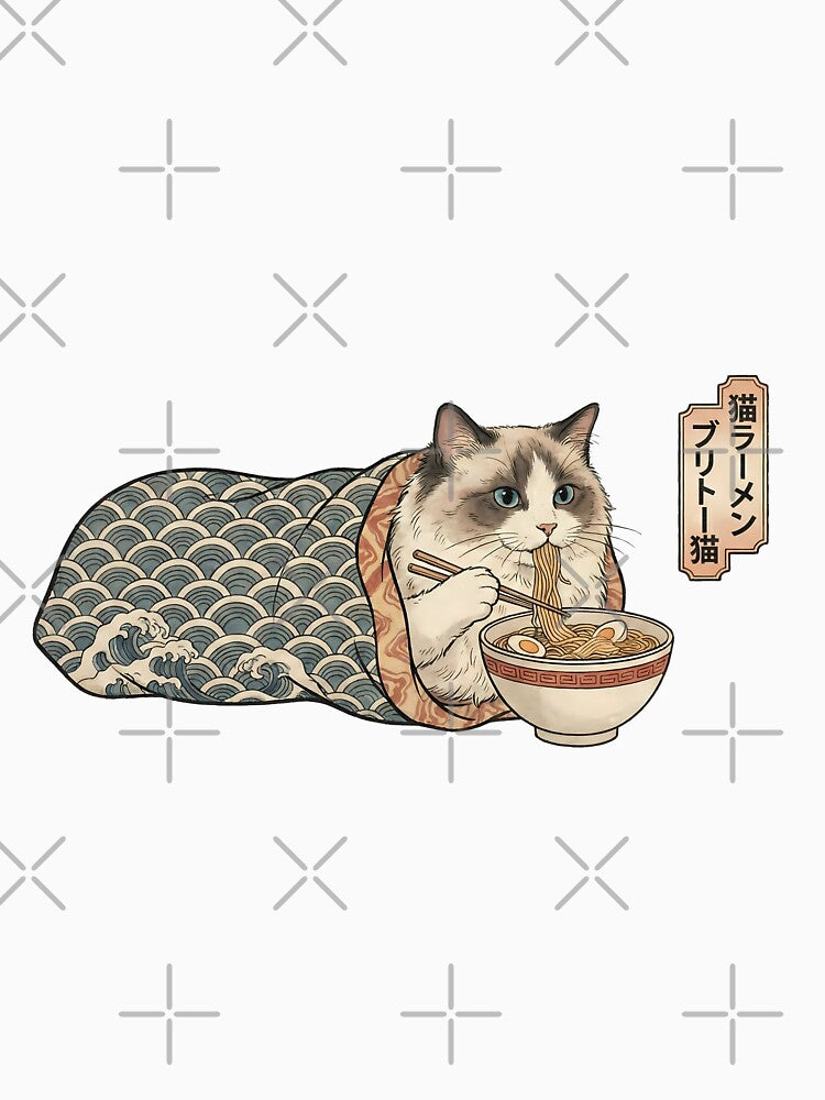 Kawaii Ragdoll Cat Eating Ramen | Great Wave Japanese Ukiyo-e Style by Studio-Pixel