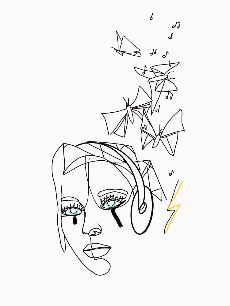 One Line Art Womens Face with Butterflies and Headphones. Continuous Line Drawing. Minimalist Abstract Art. by OneLineArt
