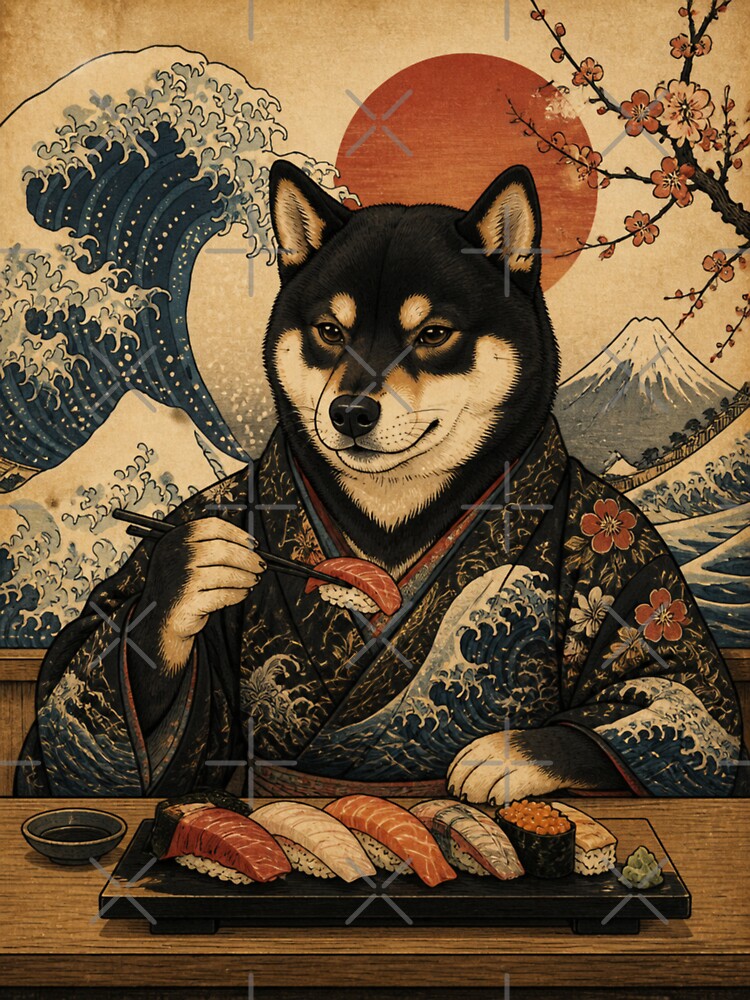 Black Shiba Eating Sushi – Japanese Ukiyo-e Style Shiba Inu Sushi Art Tri-blend by vekotpu