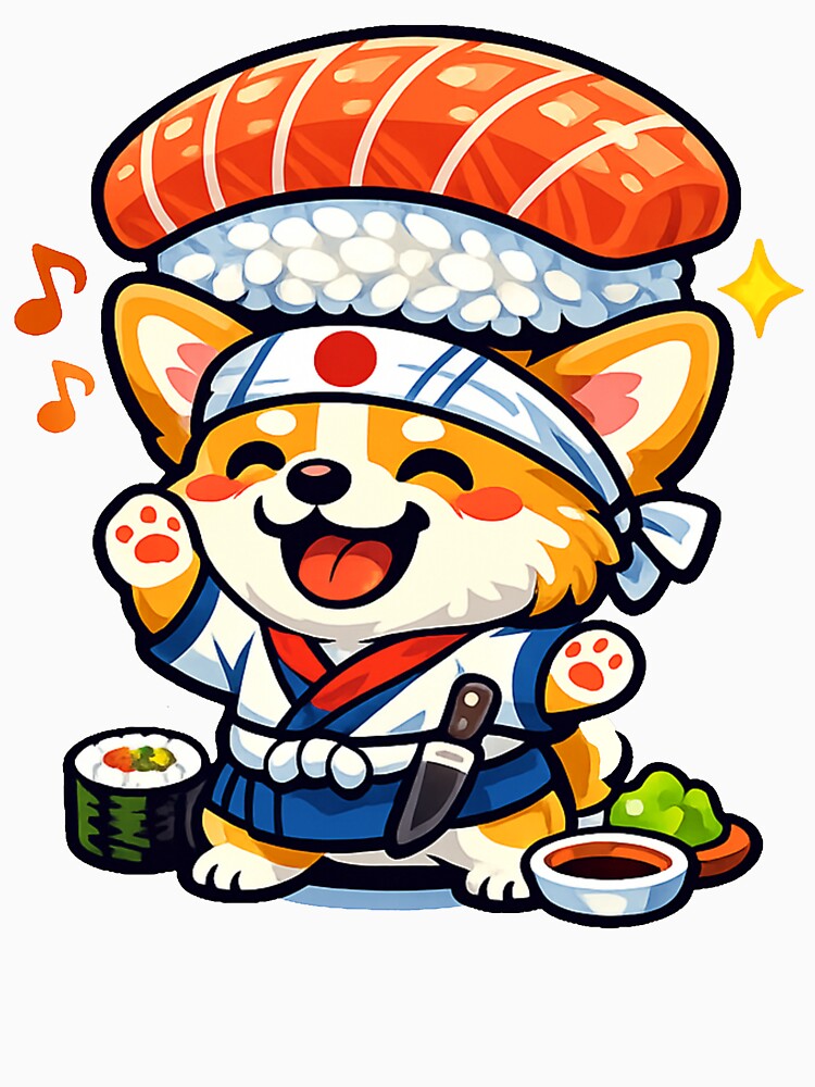 Kawaii Sushi Chef Corgi Balancing Giant Salmon Nigiri – Cute Japanese Food Anime Sticker by kawaii animal store (in Japan)