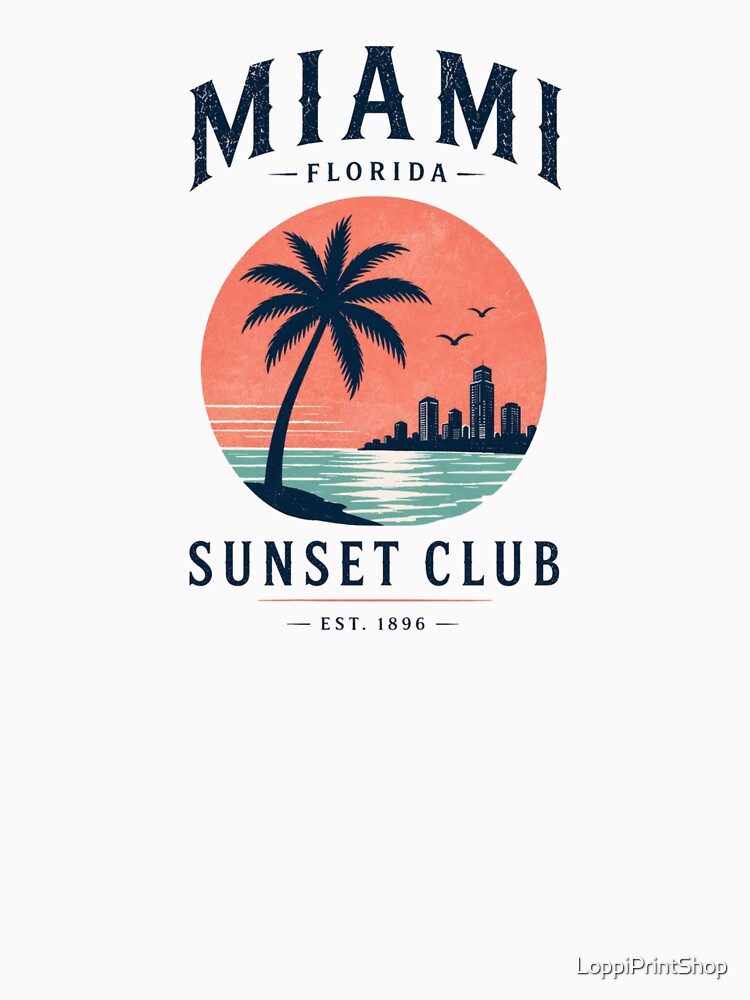Miami Sunset Club Vintage Cream Shirt, Retro Florida Beach Palm Tree Graphic Tee by LoppiPrintShop