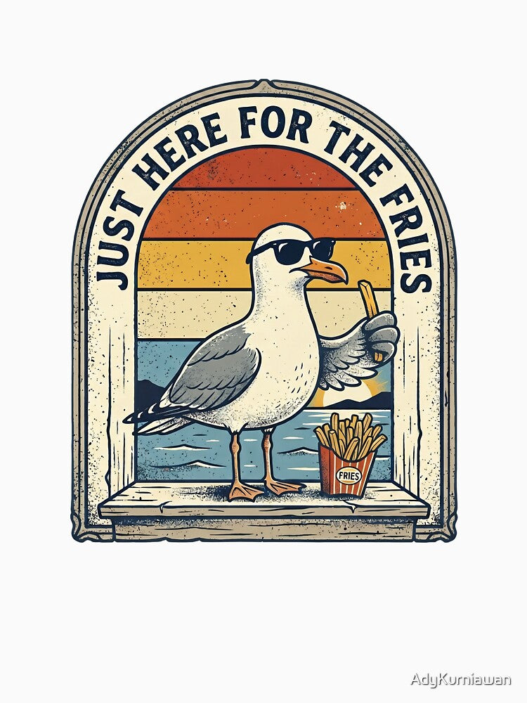 Just Here For The Fries Funny Seagull Retro Beach Sunset by AdyKurniawan