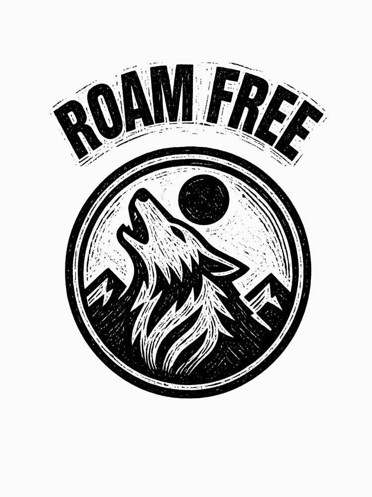 Roam Free Wolf Badge Design – Howling Wolf Mountain Adventure Black and White by VinciLab