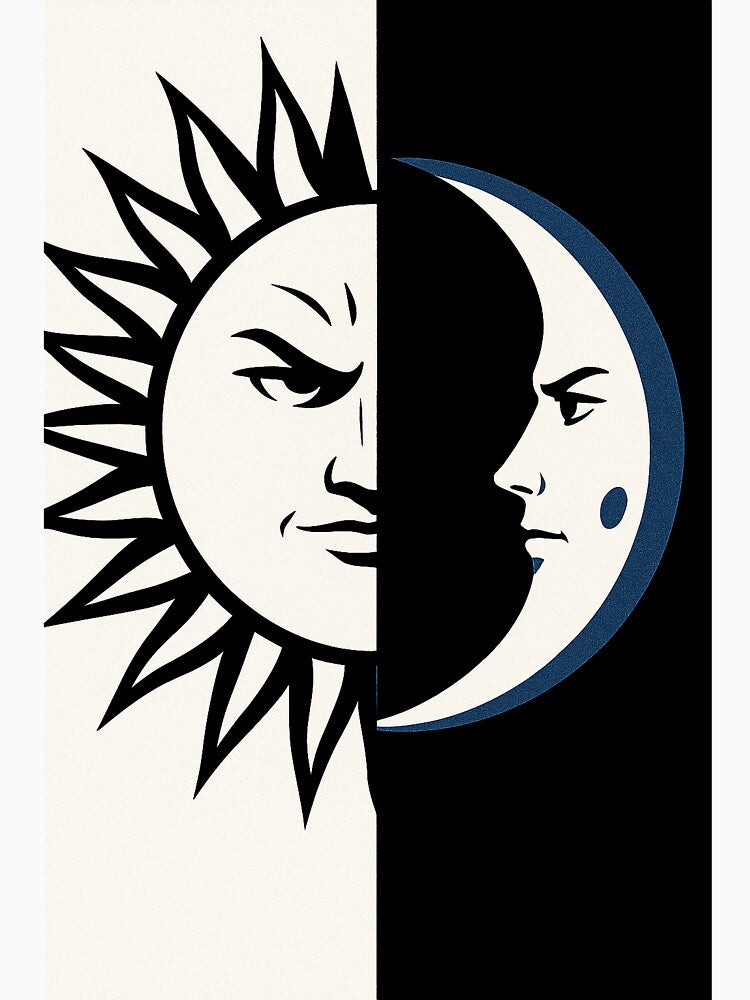 Sun vs Moon Celestial Rivalry – Cosmic Yin Yang Aesthetic | Bold Black & White Line Art for Stickers & T-Shirts by zevorgue