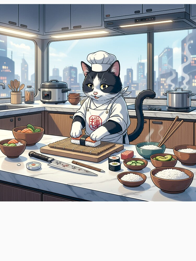 Anime Cat Chef in Modern City Kitchen Cooking Sushi by Koimak