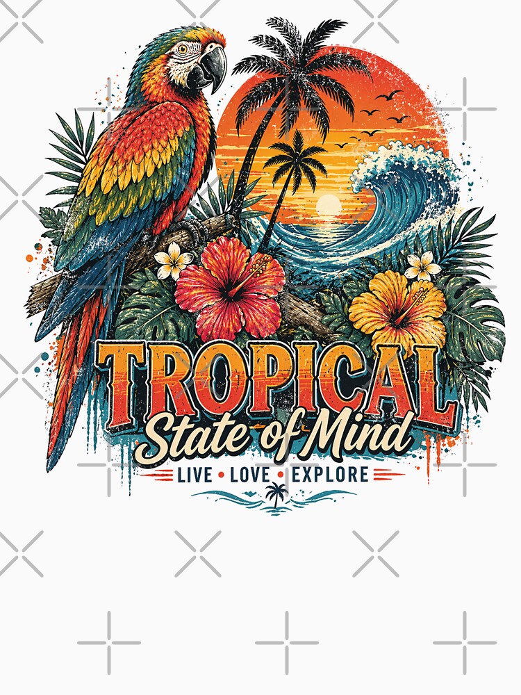 Tropical State of Mind T-Shirt - Retro Summer Vibes Graphic - Beach Sunset Parrot Design by KymeraStudio25