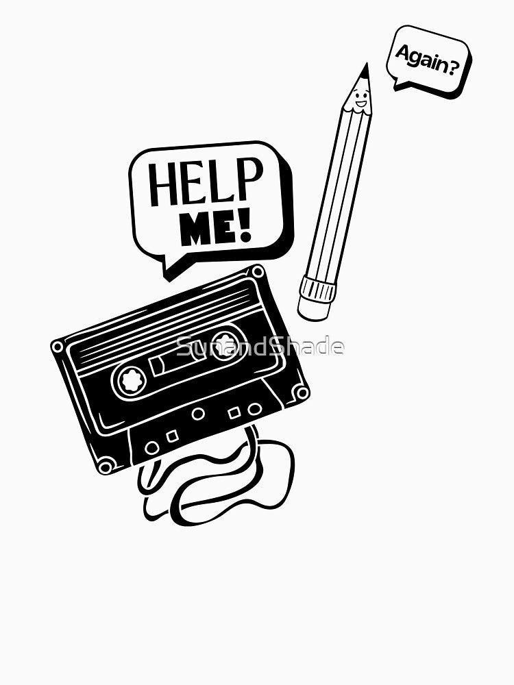 Retro Cassette Tape and Pencil Funny 80's Music Joke by SunandShade