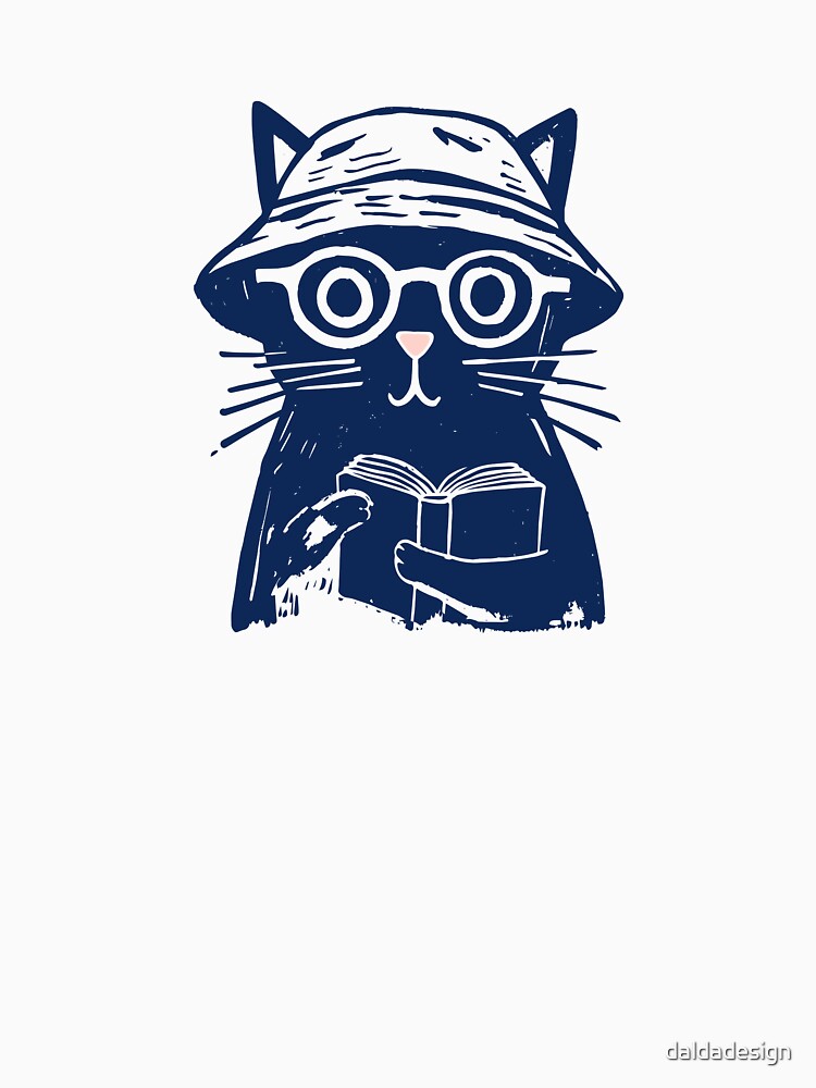 Cat Reading Book with Bucket Hat Print by daldadesign