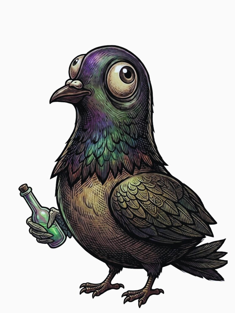 Funny Pigeon Holding Magic Potion Bottle Woodcut Linocut Meme Art by Daily-chaos
