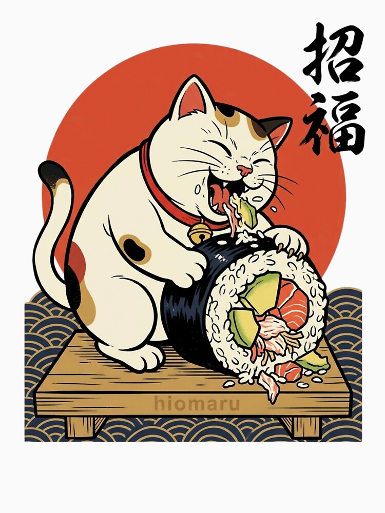 Lucky Cat Devouring Giant California Roll by hiomarujapan