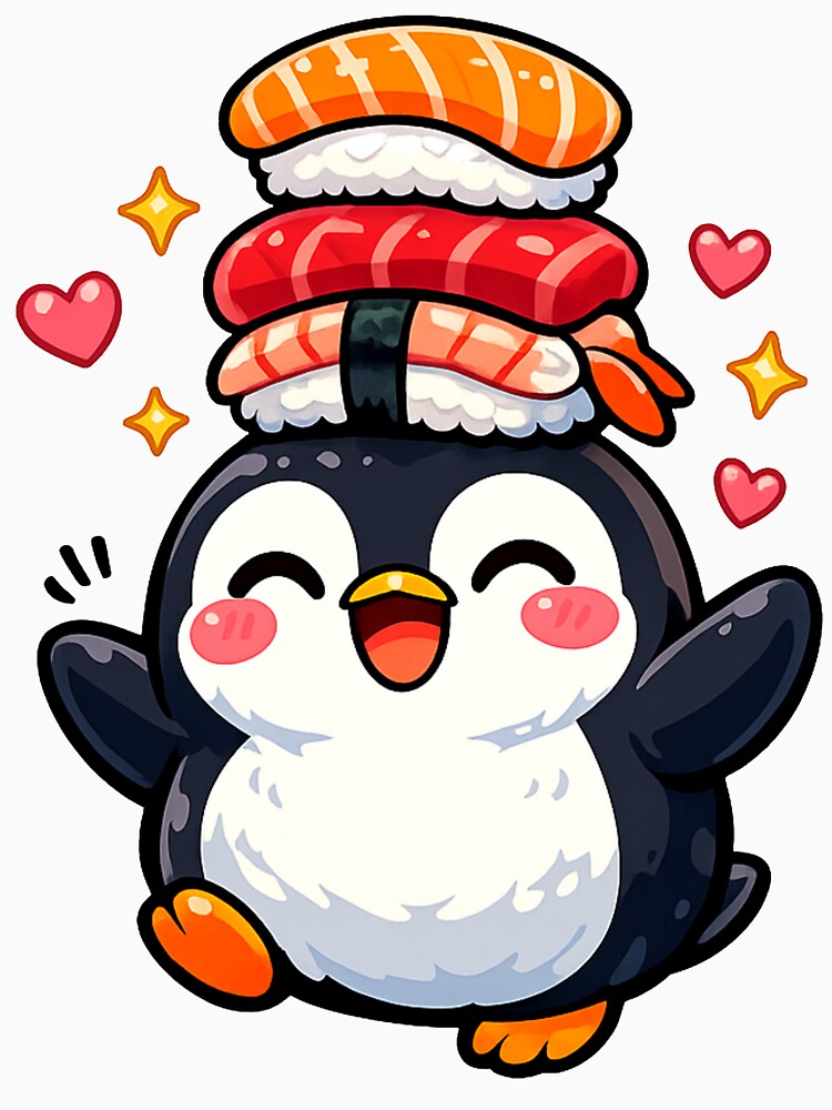 Kawaii Penguin Balancing Sushi – Cute Japanese Food Anime Sticker by kawaii animal store (in Japan)