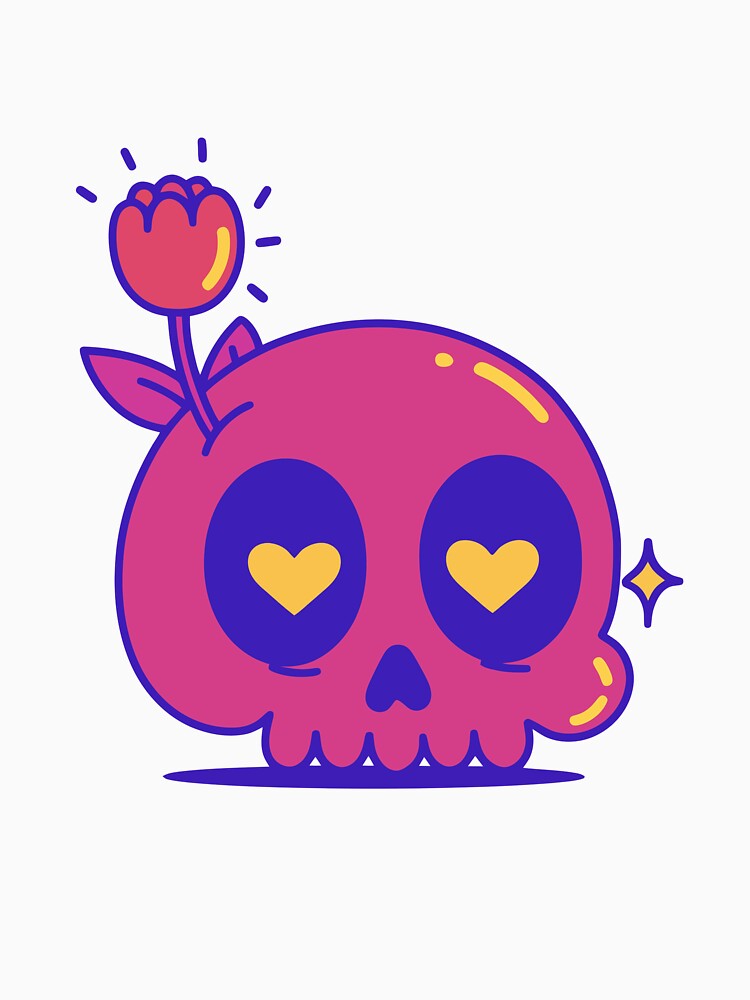Cute Pink Skull with Heart Eyes and Flower Spooky Art by Horrify