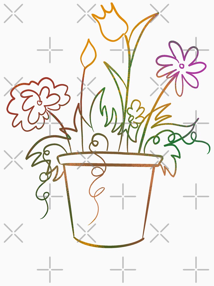 Rainbow Gradient Potted Flowers - Colorful Botanical Line Art by TheArtOfTreble