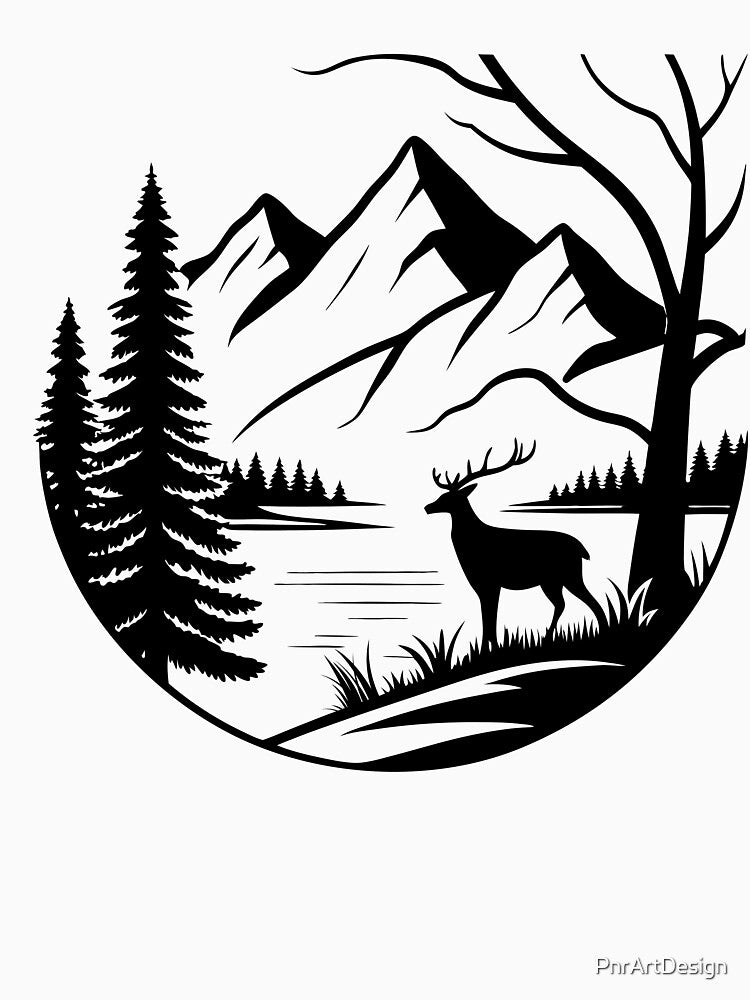 Deer Mountain Forest Silhouette, Minimal Black and White Wilderness Landscape, Pine Tree Nature Circle Design by PnrArtDesign