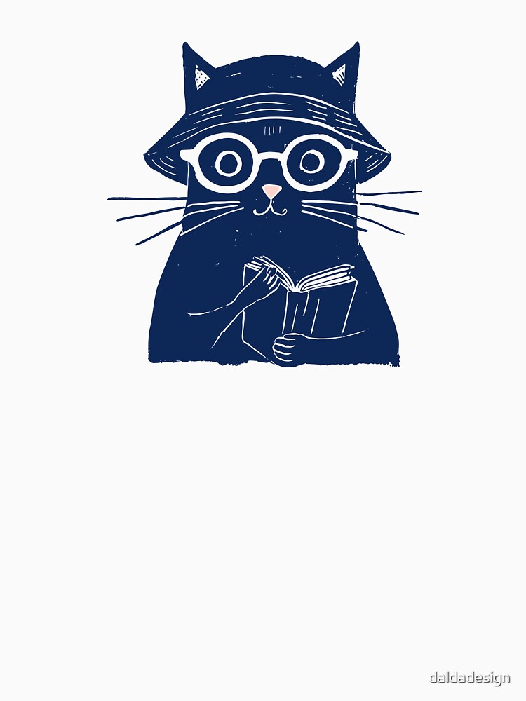 Cat Reading Book White Line Art Print by daldadesign