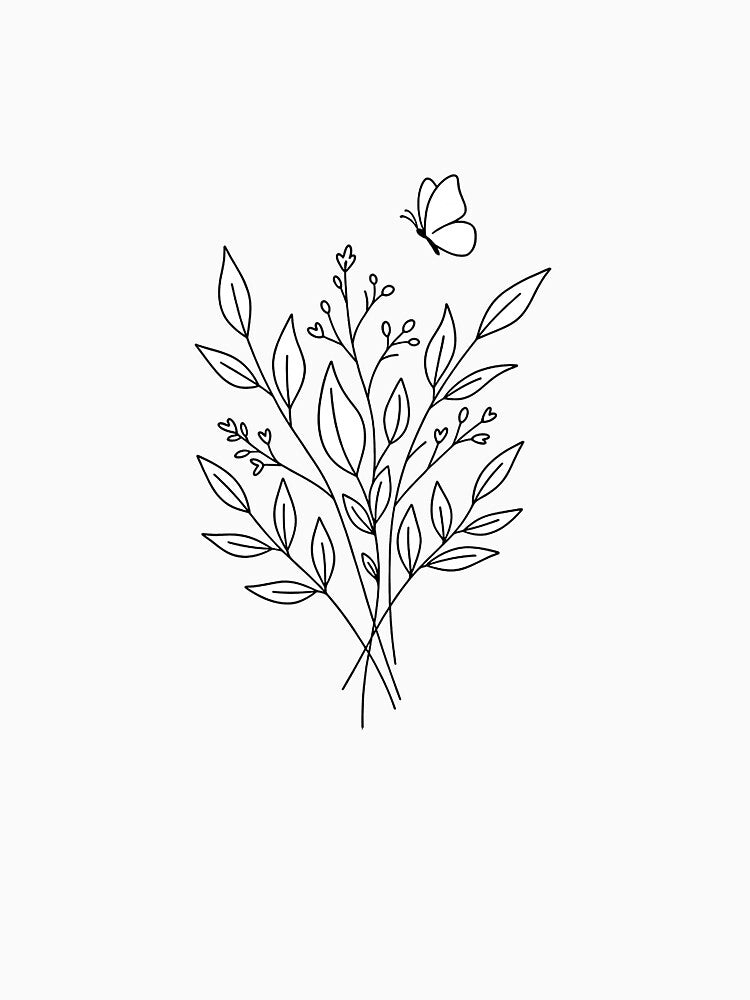 : Minimalist Botanical Bouquet with Butterfly - Fine Line Art Nature, Delicate Floral Aesthetic Illustration by Studiocolors