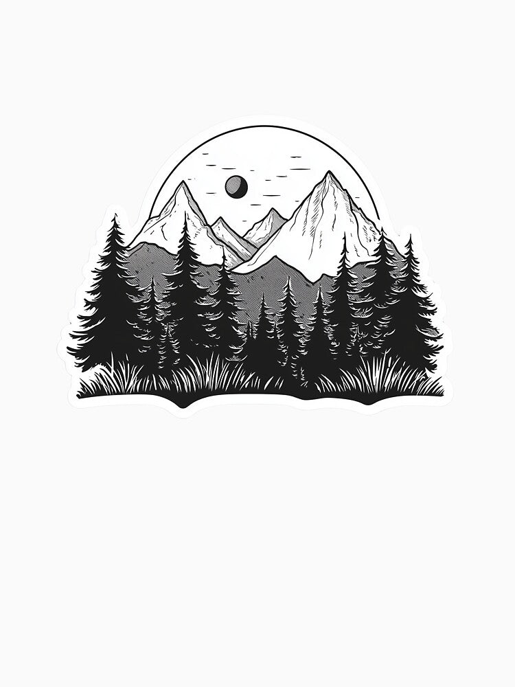 Black and White Mountain and Forest Landscape Sticker by Liseri