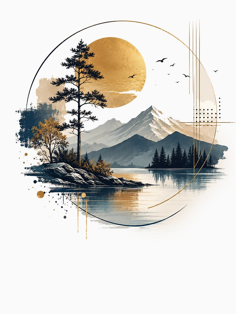 Golden Moon Mountain Lake Geometric Landscape by jcsstore