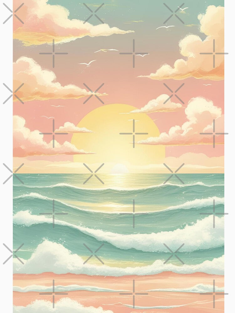 Dreamy Pastel Ocean Sunset Beach Illustration by LakLuxe studio