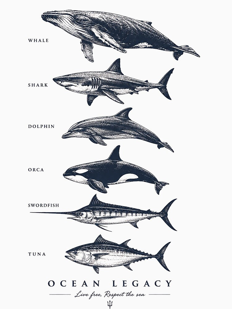 Ocean Legacy Marine Life Back Print T-Shirt | Whale Shark Dolphin Orca Swordfish by Puraenergia Stickers